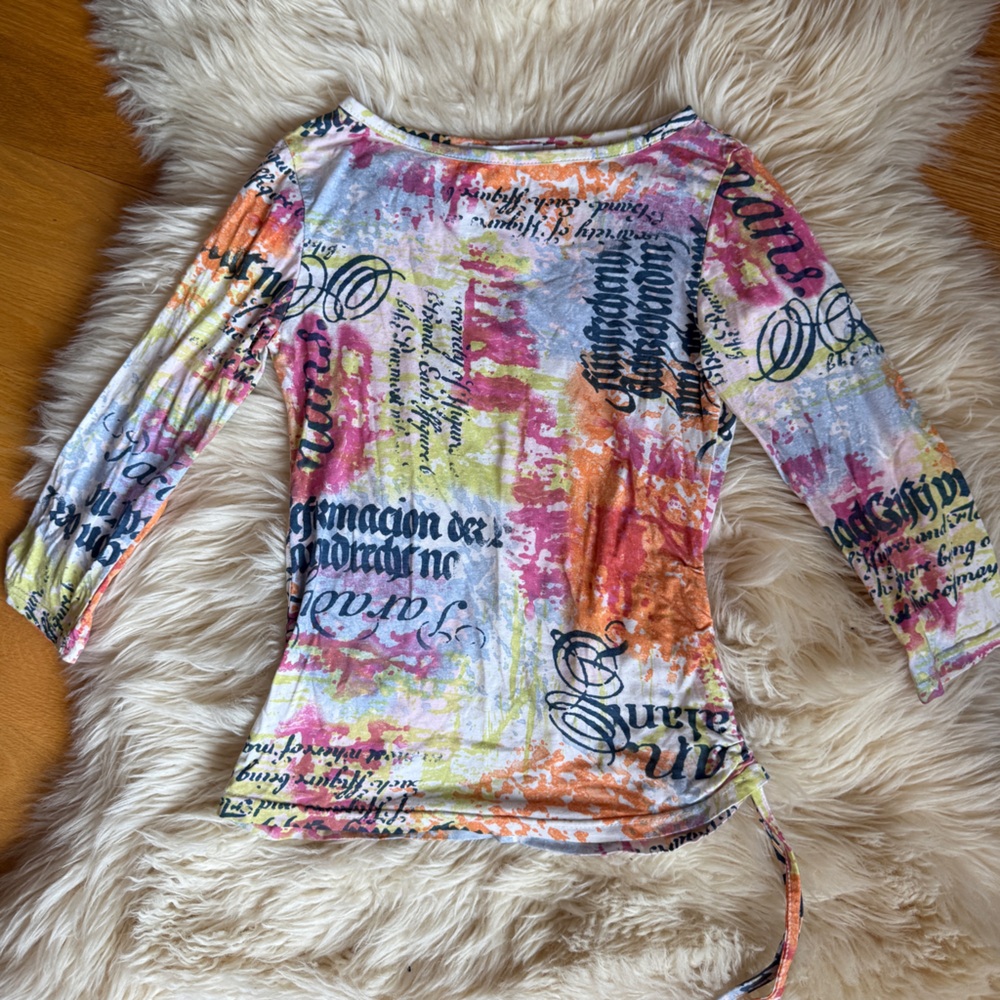 Cache Orange Pink Graphic Fitted Blouse 3/4 Sleeve